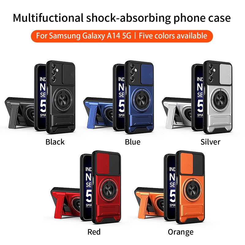 Luxury Slide Camera Lens Cover Case for Samsung Galaxy A14 5G/4G, Built-in Ring Stand and Folding Stand Magnetic Protective Case