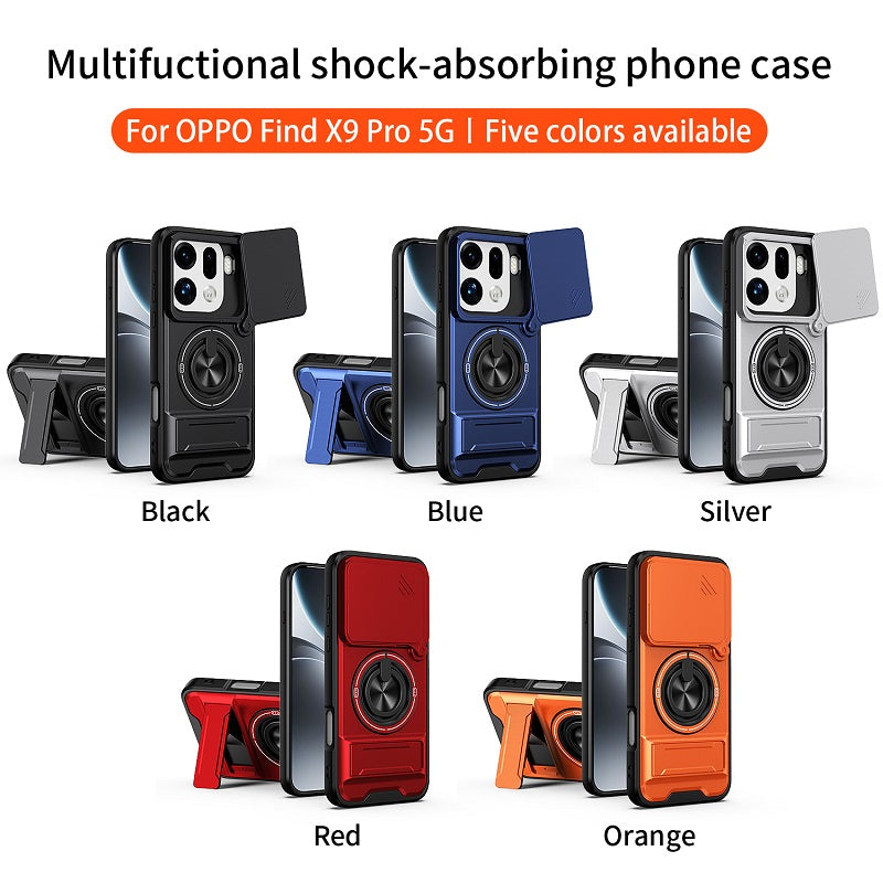 Luxury Slide Camera Lens Cover Case for OPPO Find X9 Pro, Built-in Ring Stand and Folding Stand Magnetic Protective Case