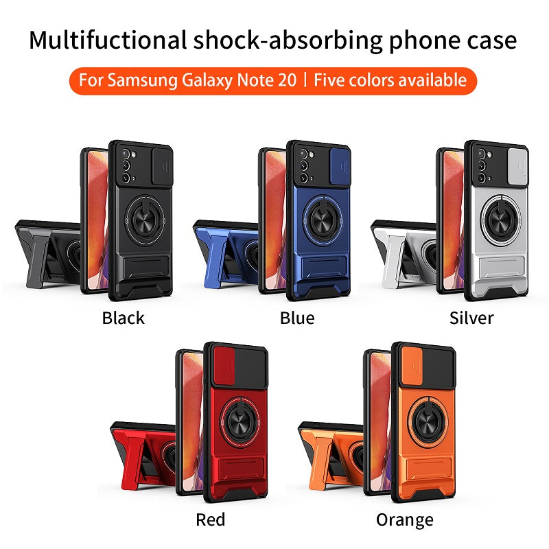 Luxury Slide Camera Lens Cover Case for Samsung Galaxy Note 20, Built-in Ring Stand and Folding Stand Magnetic Protective Case