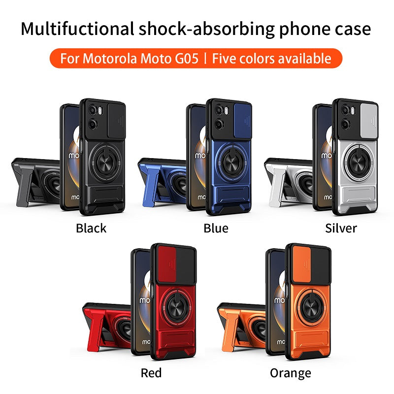 Luxury Slide Camera Lens Cover Case for Motorola Moto G05 4G, Built-in Ring Stand and Folding Stand Magnetic Protective Case