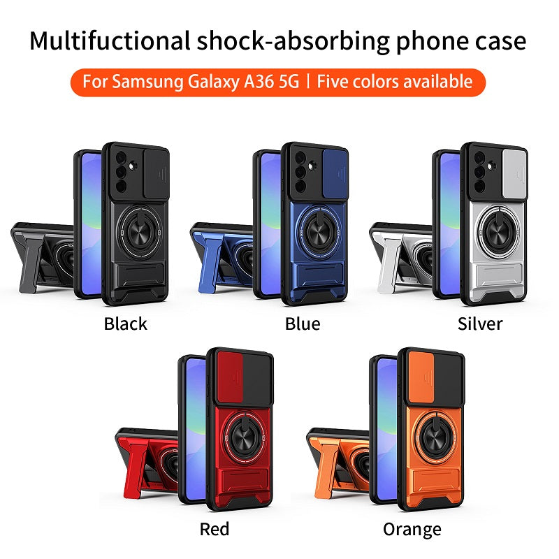 Luxury Slide Camera Lens Cover Case for Samsung Galaxy A36 5G, Built-in Ring Stand and Folding Stand Magnetic Protective Case