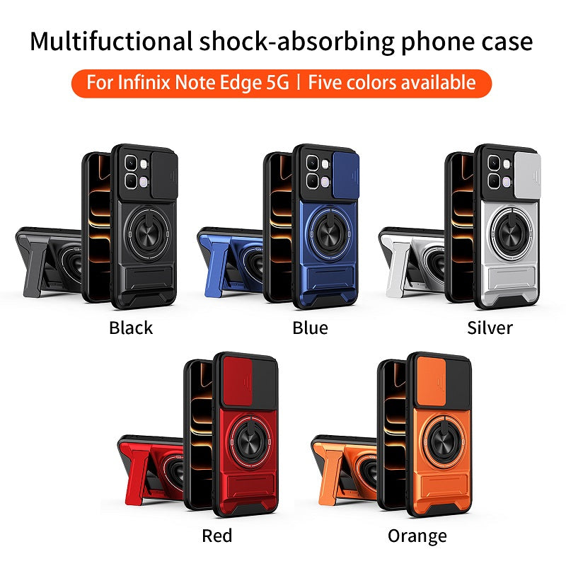 Luxury Slide Camera Lens Cover Case for Infinix Note Edge 5G, Built-in Ring Stand and Folding Stand Magnetic Protective Case