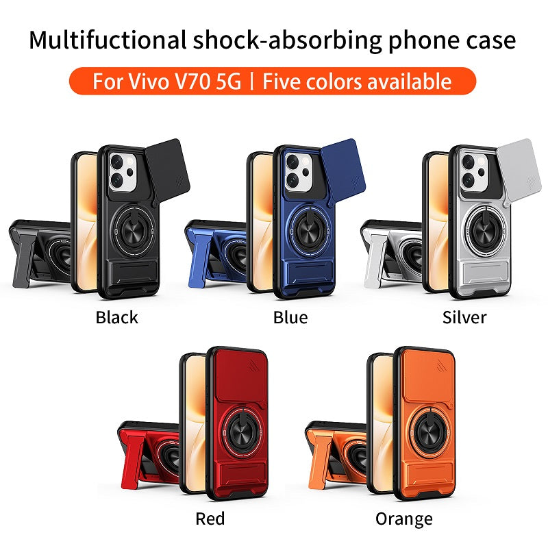 Luxury Slide Camera Lens Cover Case for Vivo V70 5G, Built-in Ring Stand and Folding Stand Magnetic Protective Case