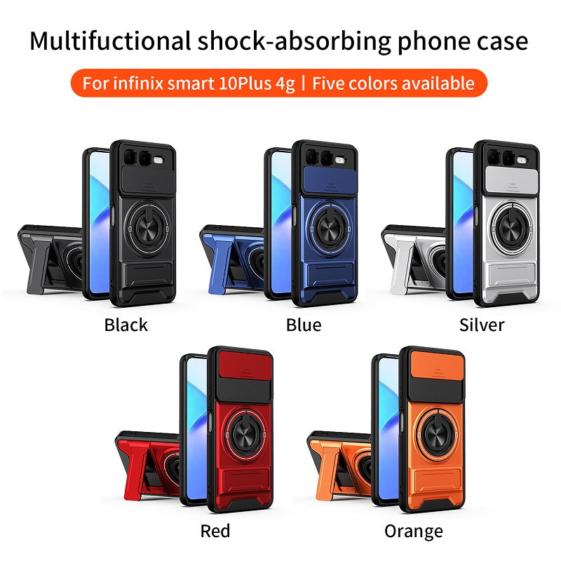 Luxury Slide Camera Lens Cover Case for Infinix Smart 10 Plus 4G, Built-in Ring Stand and Folding Stand Magnetic Protective Case