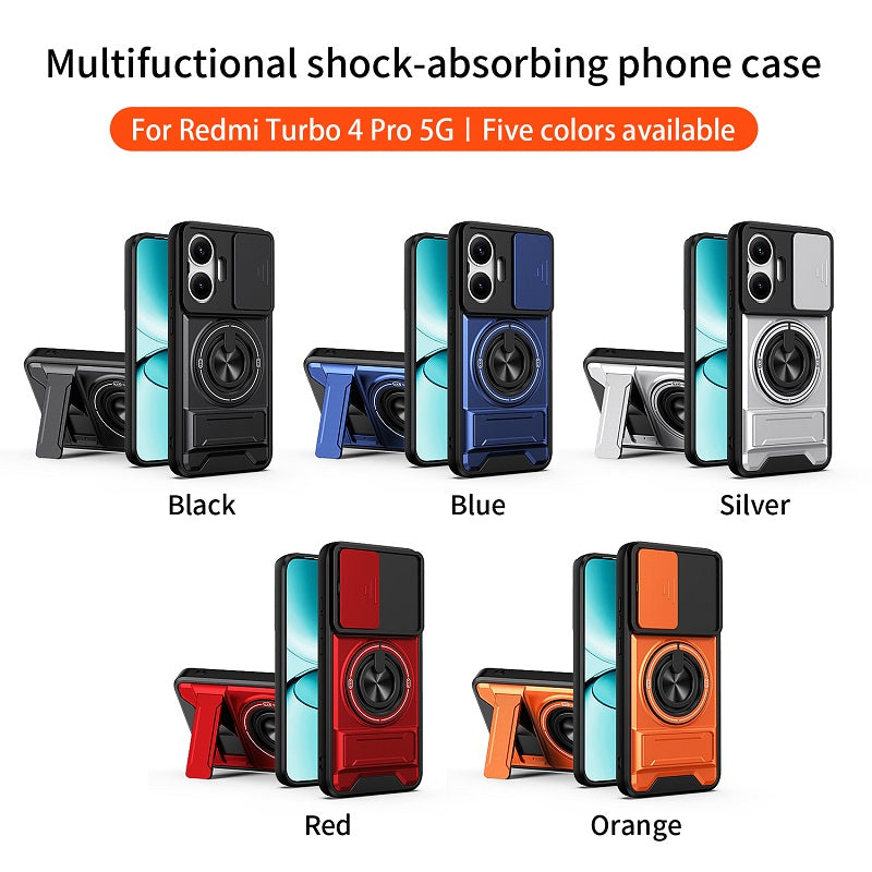 Luxury Slide Camera Lens Cover Case for Xiaomi Redmi Turbo 4 Pro/Poco F7, Built-in Ring Stand and Folding Stand Magnetic Protective Case