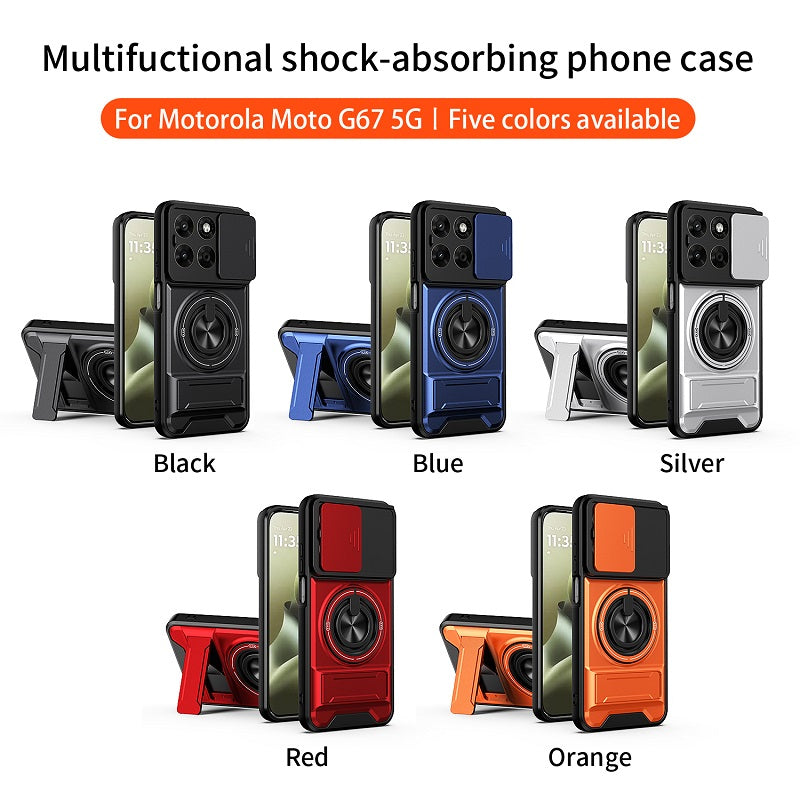 Luxury Slide Camera Lens Cover Case for Motorola Moto G67 5G, Built-in Ring Stand and Folding Stand Magnetic Protective Case