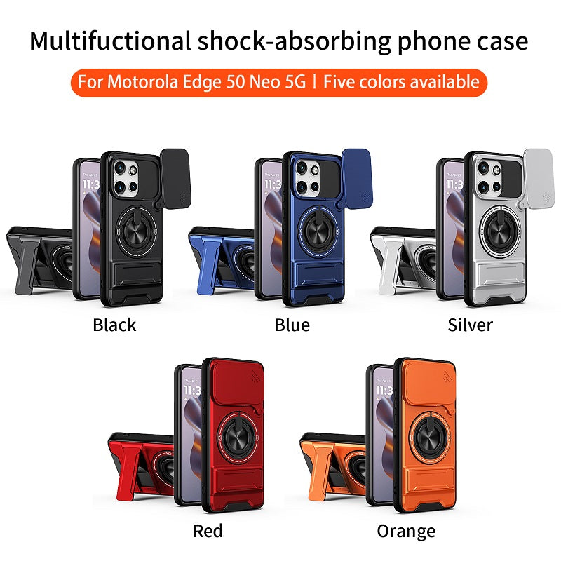 Luxury Slide Camera Lens Cover Case for Motorola Edge 50 Neo 5G, Built-in Ring Stand and Folding Stand Magnetic Protective Case