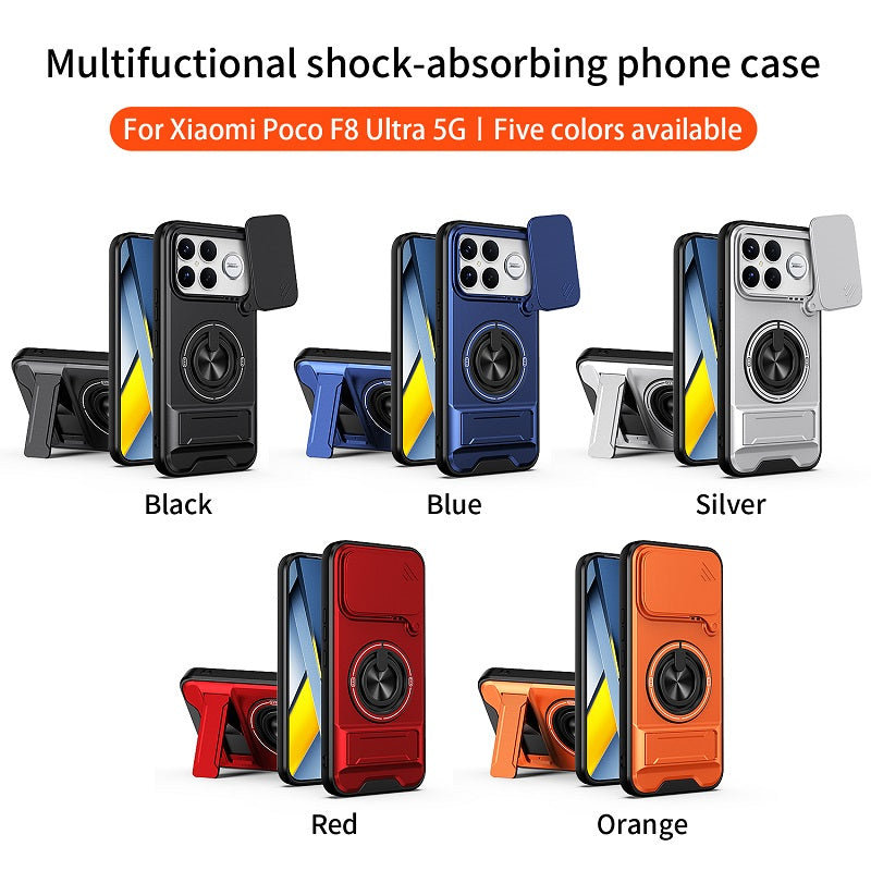 Luxury Slide Camera Lens Cover Case for Xiaomi Poco F8 Ultra, Built-in Ring Stand and Folding Stand Magnetic Protective Case