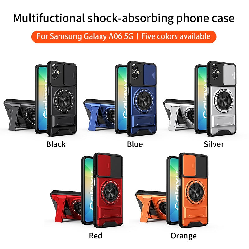 Luxury Slide Camera Lens Cover Case for Samsung Galaxy A06 5G/4G, Built-in Ring Stand and Folding Stand Magnetic Protective Case