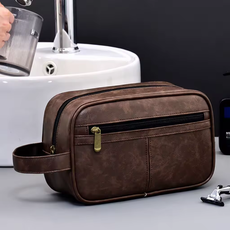 Contrast Color Men's PU Wash Bag Medium Capacity Waterproof Zipper Closure Side Handle Portable Cosmetic Storage Travel Fitness
