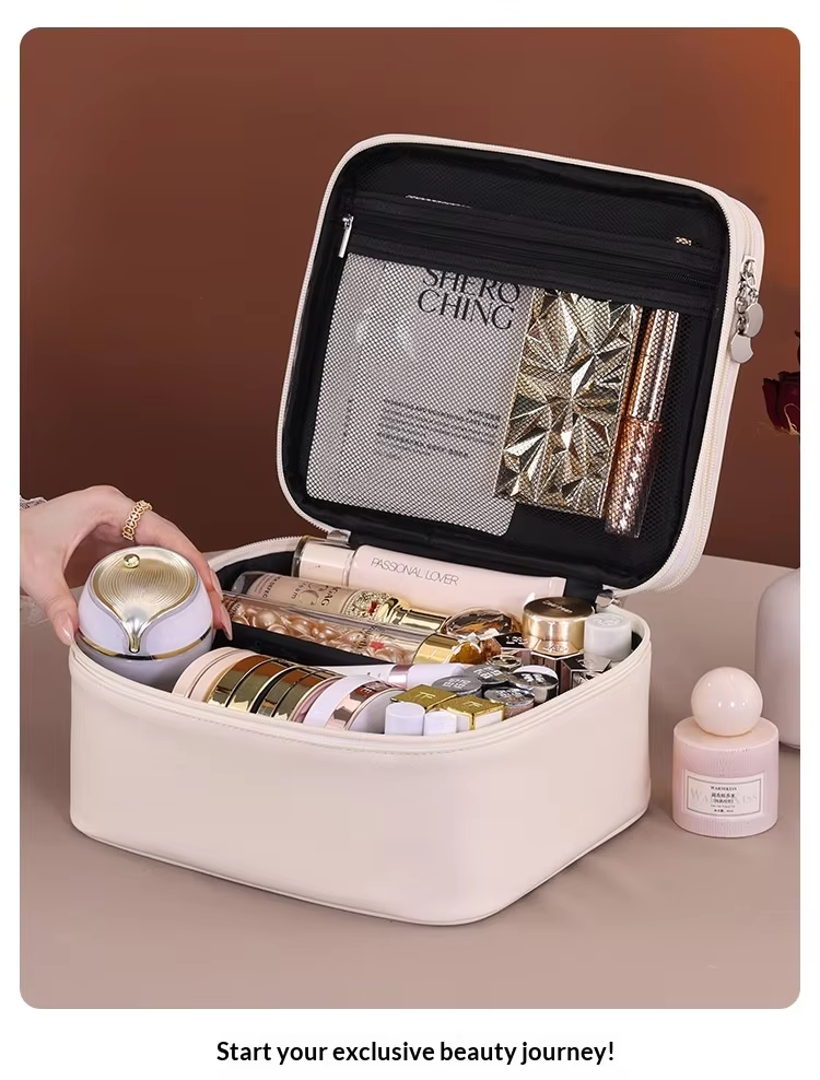 New Double Layer Makeup Bag - 4 Compartment Travel Cosmetic Organizer, Portable Toiletry Case & Multi-Function Vanity Tray