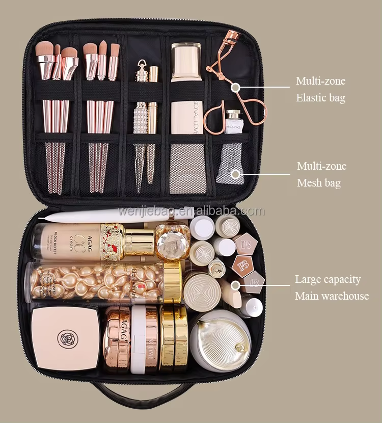 Brushes Travel Size Square Makeup Organizer Case Zipper PU Chic Two Tone Style Multiple Pockets Waterproof Portable Cosmetic