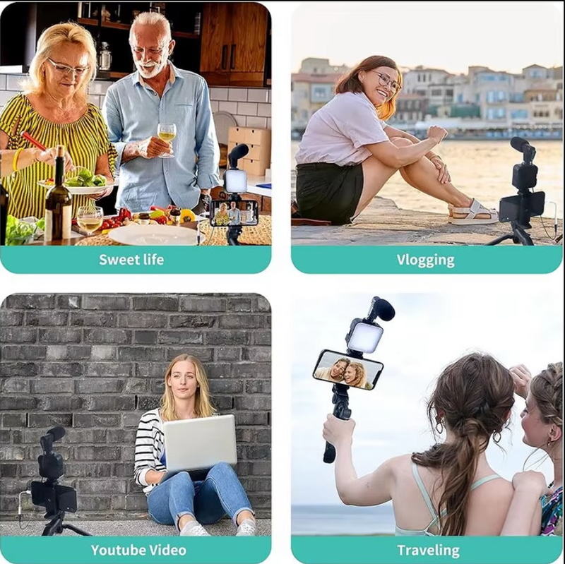 Rechargeable Vlogging Kit With Tripod Phone Holder Mic LED Fill Light Starter