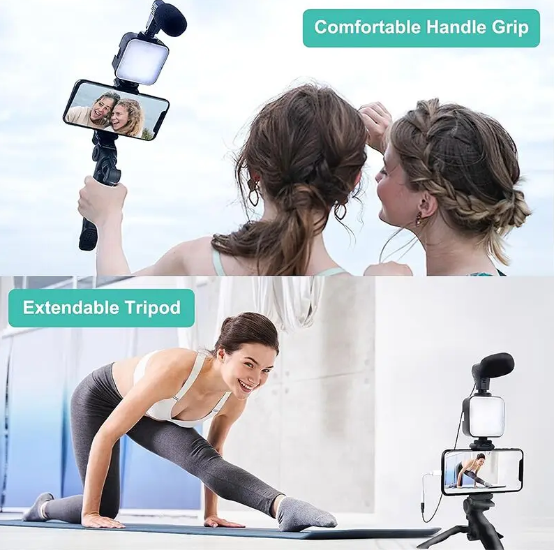 Vlogging Kit With Tripod Phone Holder Mini Microphone LED Fill Light Starter