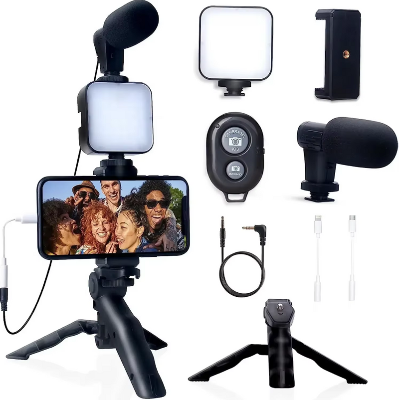 Rechargeable Vlogging Kit With Tripod Phone Holder Mic LED Fill Light Starter