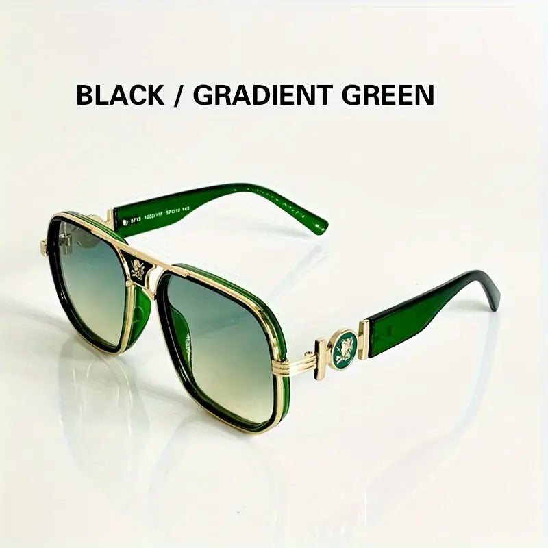 Men's Premium Elegant Square Sunglasses – Green Frame with Unique Temples, UV400 Protection for Daily & Outdoor Use