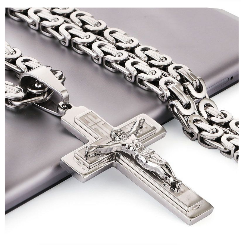 Jesus Christ Cross Pendant Necklace Stainless Steel Byzantine Chain Jewelry