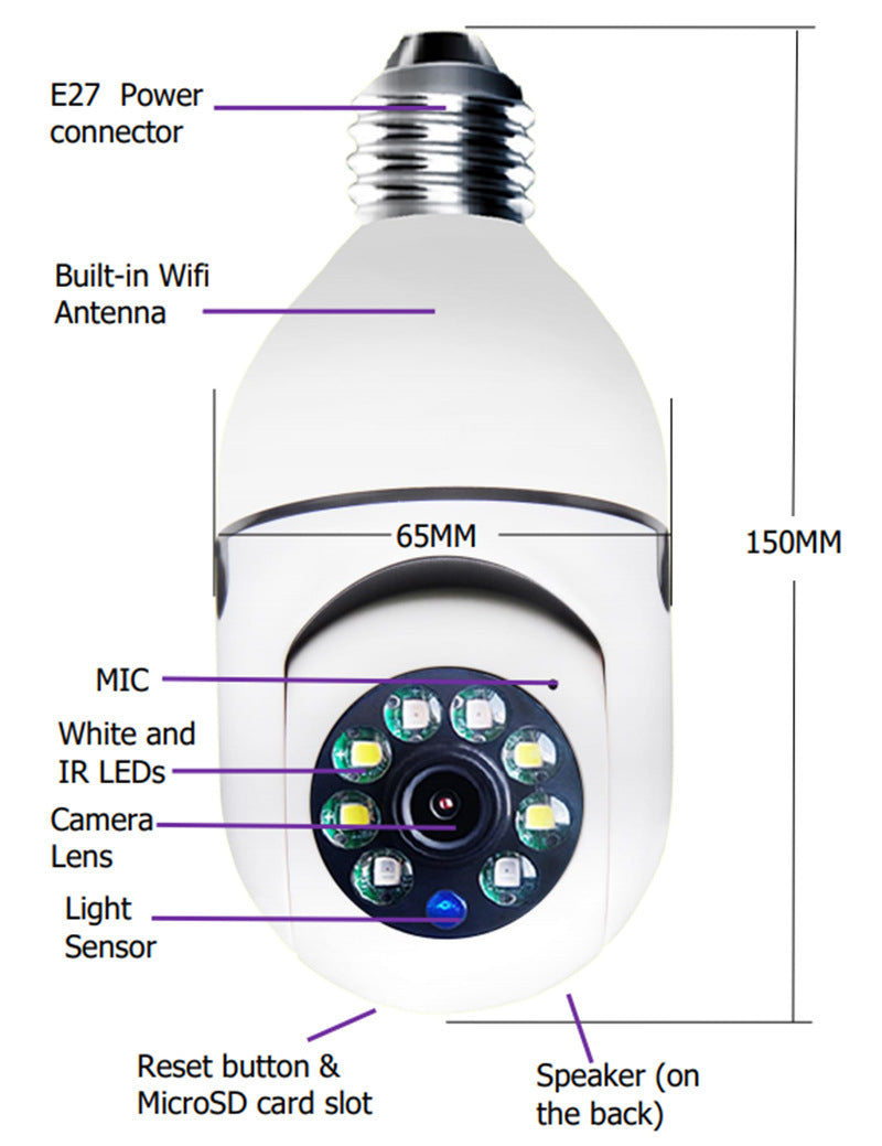 2MP E27 Socket Lamp Holder CCTV WiFi IP Camera PTZ Two Way Audio Home Security Bulb Camera