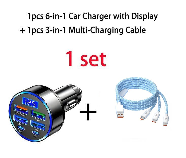 1 Set Includ 6-in-1 Car Charger + Universal 3-In-1 USB Car Charging Cable
