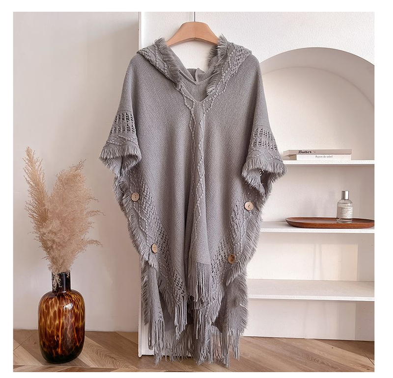Autumn Winter Women Knitted Cape Shawl Wrap Cloak Ethnic Hooded Poncho
