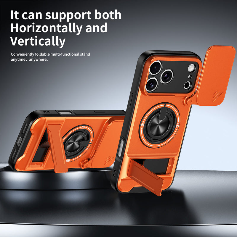 Luxury Slide Camera Lens Cover Case for iPhone 17 Pro Max, Built-in Ring Stand and Folding Stand Magnetic Protective Case