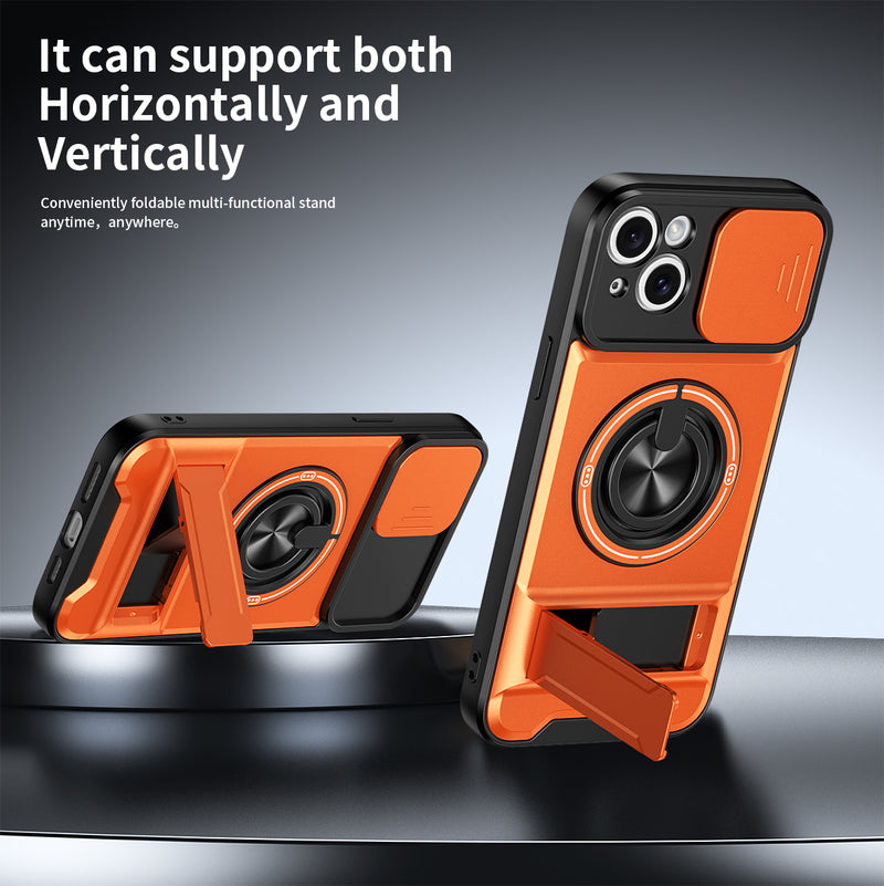 Luxury Slide Camera Lens Cover Case for iPhone 15 Plus, Built-in Ring Stand and Folding Stand Magnetic Protective Case