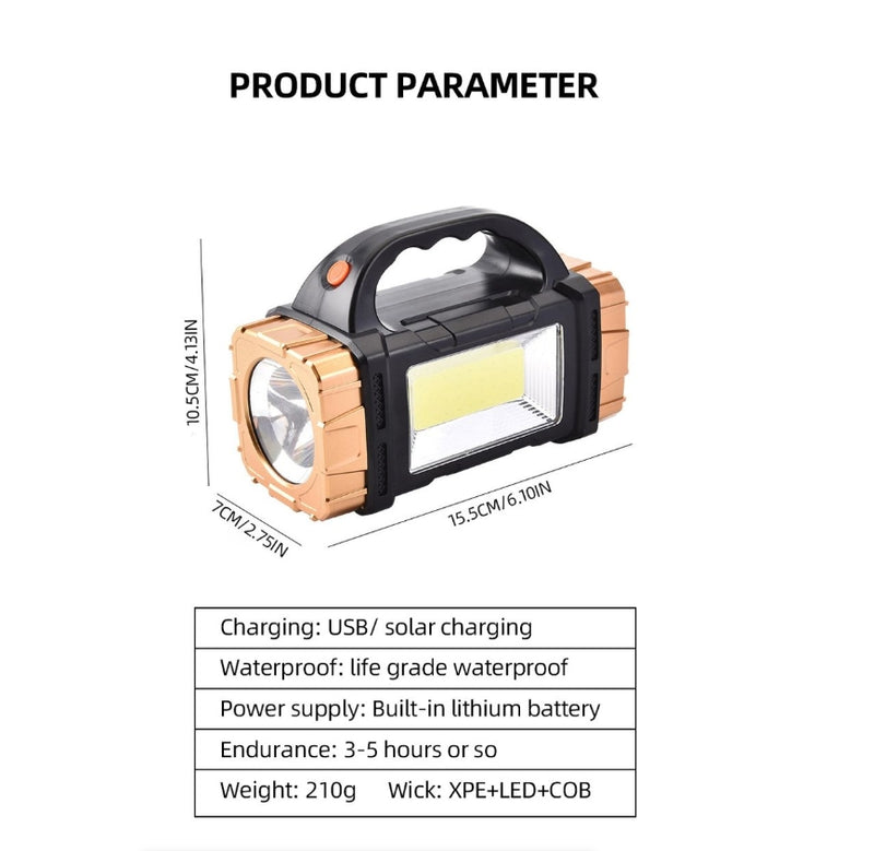 Solar LED Flashlight With COB Work Lights USB Rechargeable Handheld