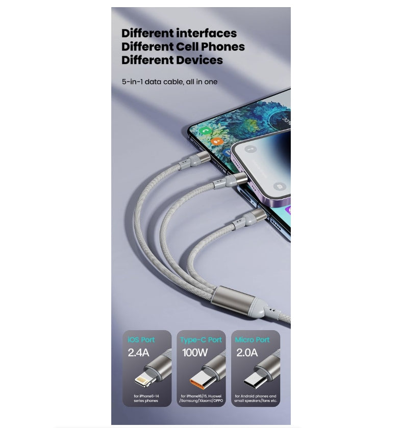 5 in 1 Cable USB Type C to C/Lighting/Micro Fast Charging Cable