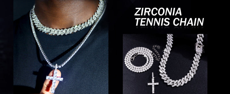 Iced Out Zirconia Cuban Link Chain Necklace, Men Cross Pendant Necklace Set, Hip Hop Bling for Men