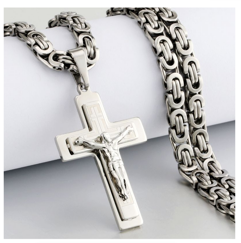 Jesus Christ Cross Pendant Necklace Stainless Steel Byzantine Chain Jewelry