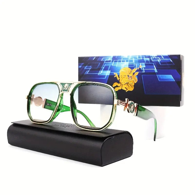 Men's Premium Elegant Square Sunglasses – Green Frame with Unique Temples, UV400 Protection for Daily & Outdoor Use