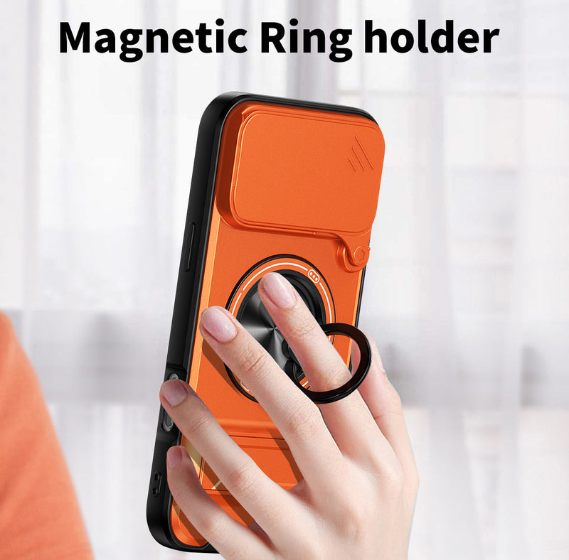 Luxury Slide Camera Lens Cover Case for iPhone 17 Pro Max, Built-in Ring Stand and Folding Stand Magnetic Protective Case