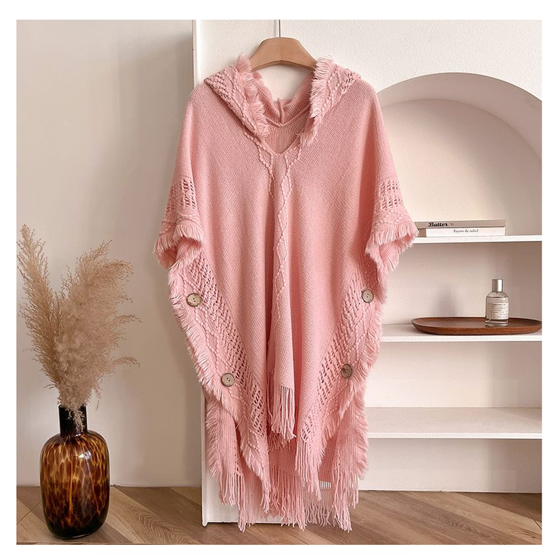 Autumn Winter Women Knitted Cape Shawl Wrap Cloak Ethnic Hooded Poncho