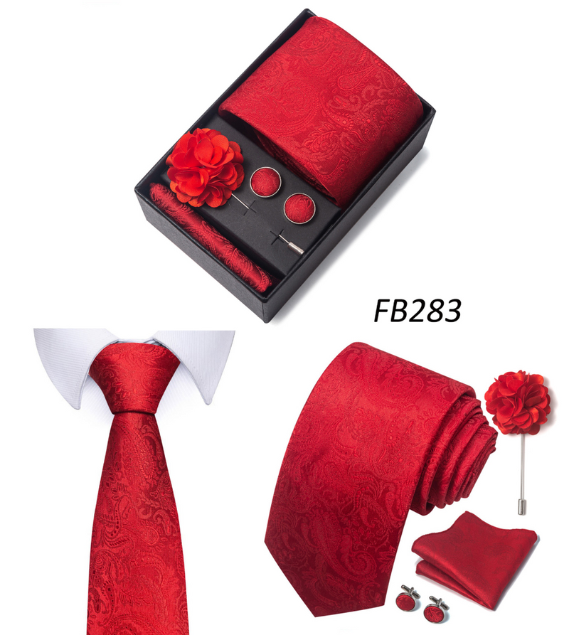Ties Set Men Color Necktie Handkerchief Cufflinks Brooch Formal