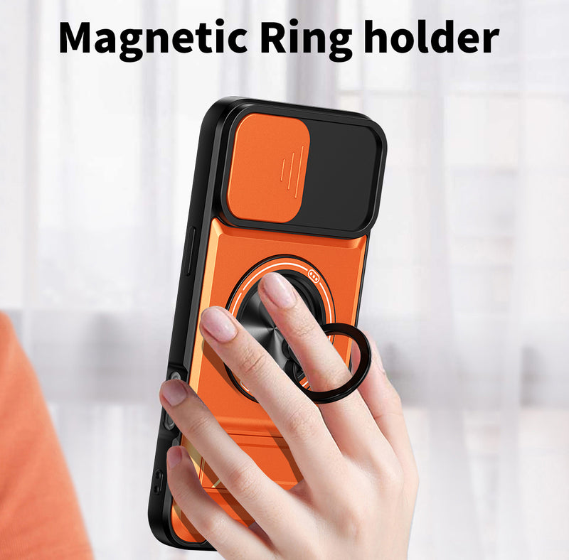 Luxury Slide Camera Lens Cover Case for iPhone 14 Pro, Built-in Ring Stand and Folding Stand Magnetic Protective Case