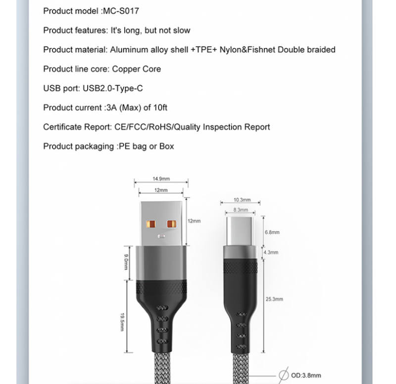 USB Type C Cable Super Fast Charge Cable Quick Charge 3M Cable