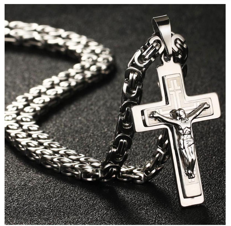 Jesus Christ Cross Pendant Necklace Stainless Steel Byzantine Chain Jewelry