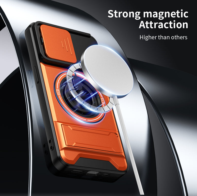 Luxury Slide Camera Lens Cover Case for iPhone 14 Pro, Built-in Ring Stand and Folding Stand Magnetic Protective Case