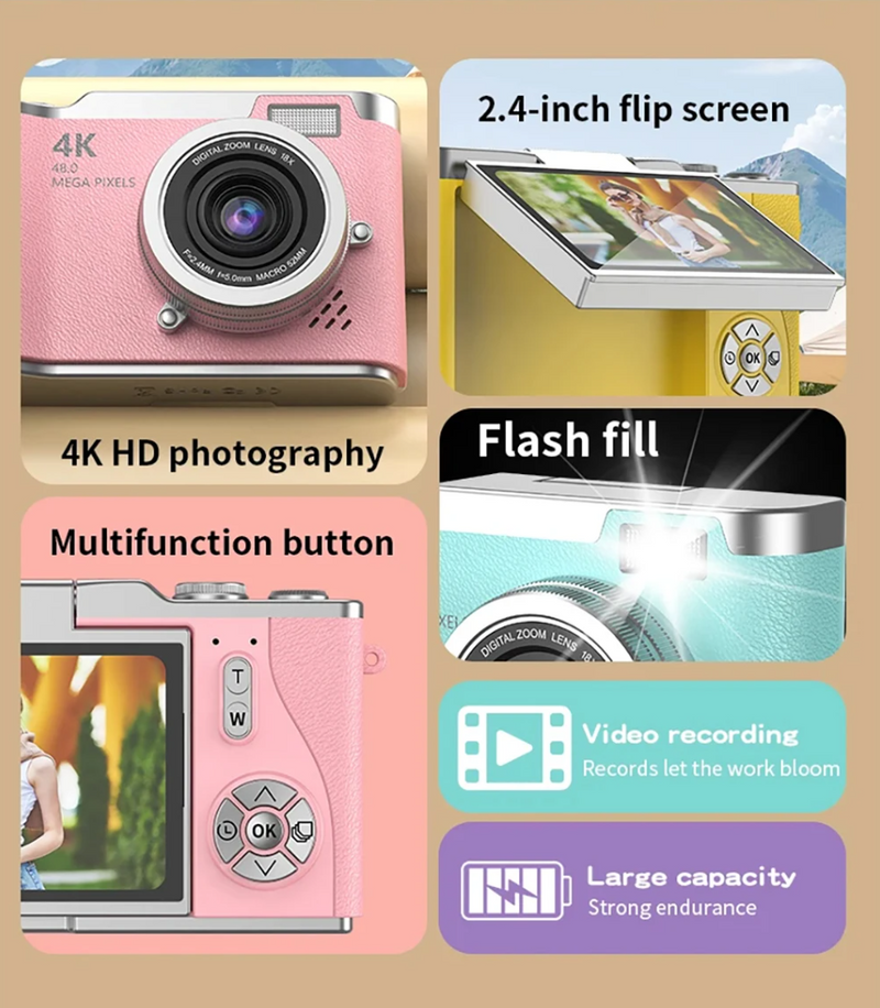 Foldable Screen Student Camera 18X Zoom Anti-Shake with Flip Screen