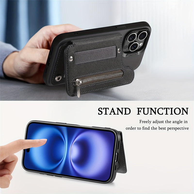 Adhesive Phone Back Card Holder RFID-Blocking Zipper Wallet with Stand
