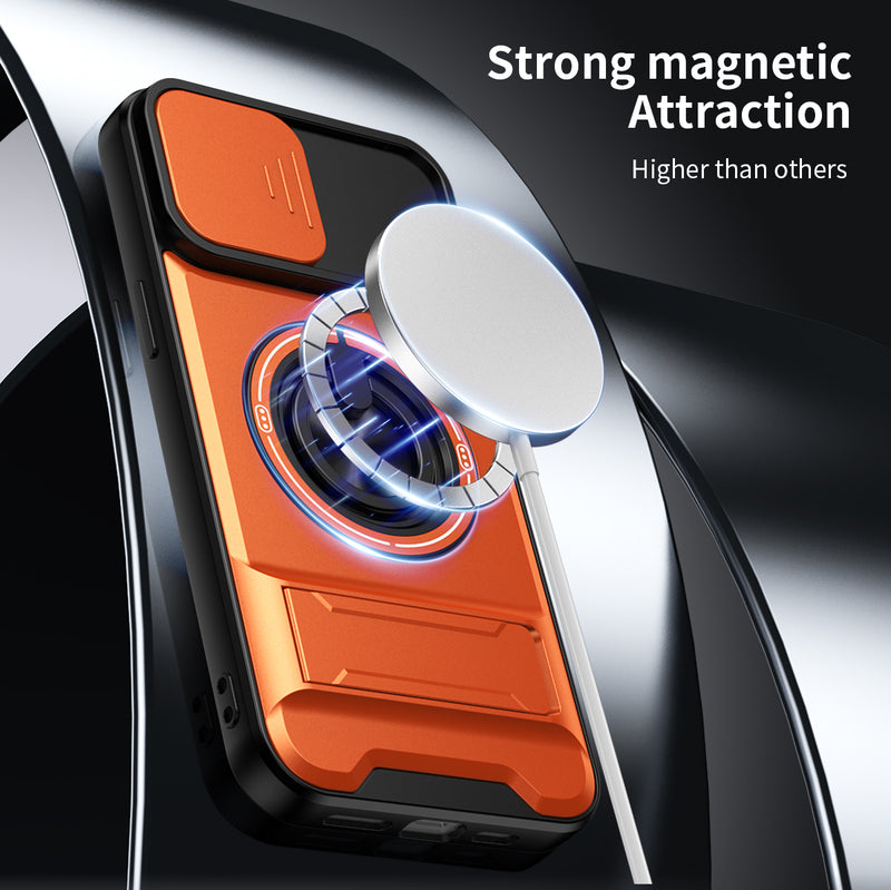 Luxury Slide Camera Lens Cover Case for iPhone 14 Pro Max, Built-in Ring Stand and Folding Stand Magnetic Protective Case