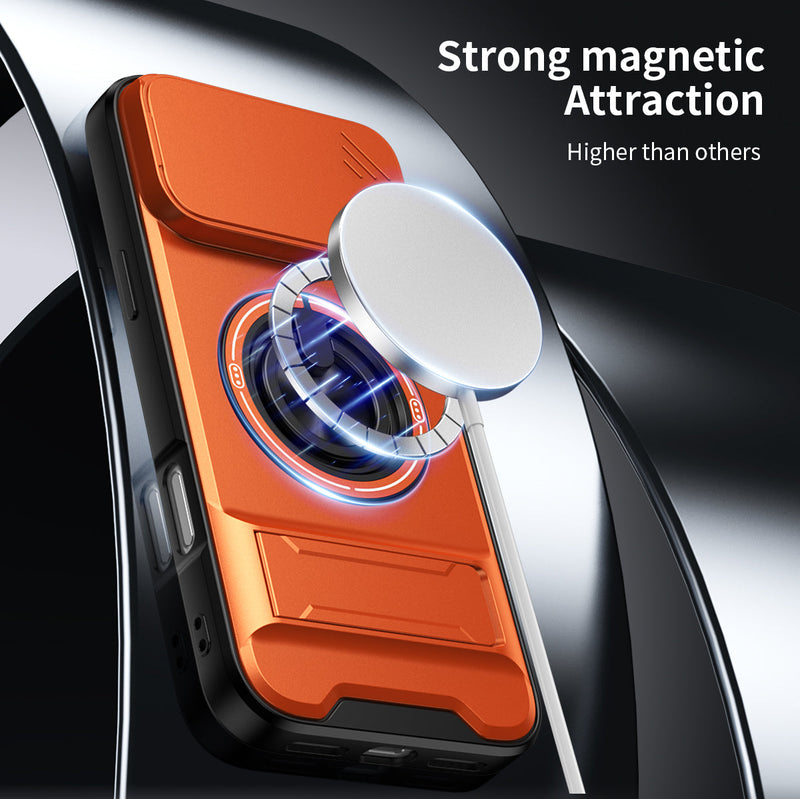 Luxury Slide Camera Lens Cover Case for iPhone 17 Pro Max, Built-in Ring Stand and Folding Stand Magnetic Protective Case