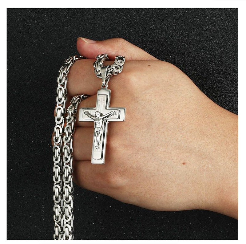 Jesus Christ Cross Pendant Necklace Stainless Steel Byzantine Chain Jewelry