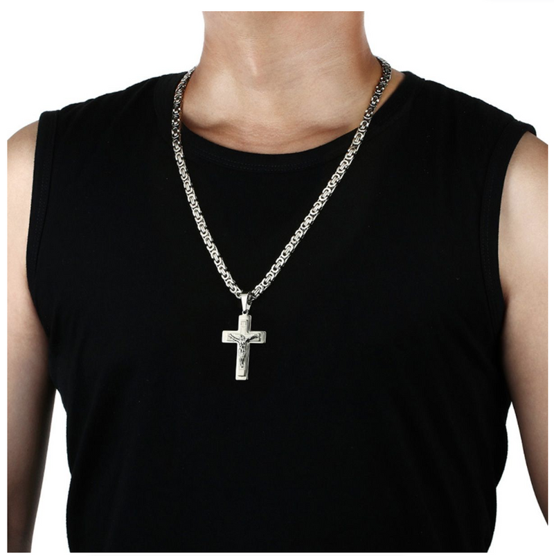 Jesus Christ Cross Pendant Necklace Stainless Steel Byzantine Chain Jewelry