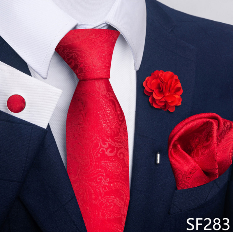 Ties Set Men Color Necktie Handkerchief Cufflinks Brooch Formal