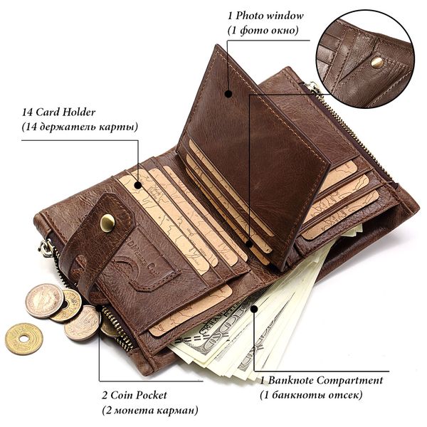 Wallet RFID Genuine Leather Hasp Zipper Card Holder Coin Purse