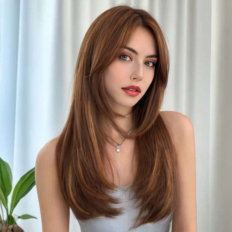Woman Wig Medium-Long Curly Hair with Highlights Heat-Resistant Fiber and Lace Front