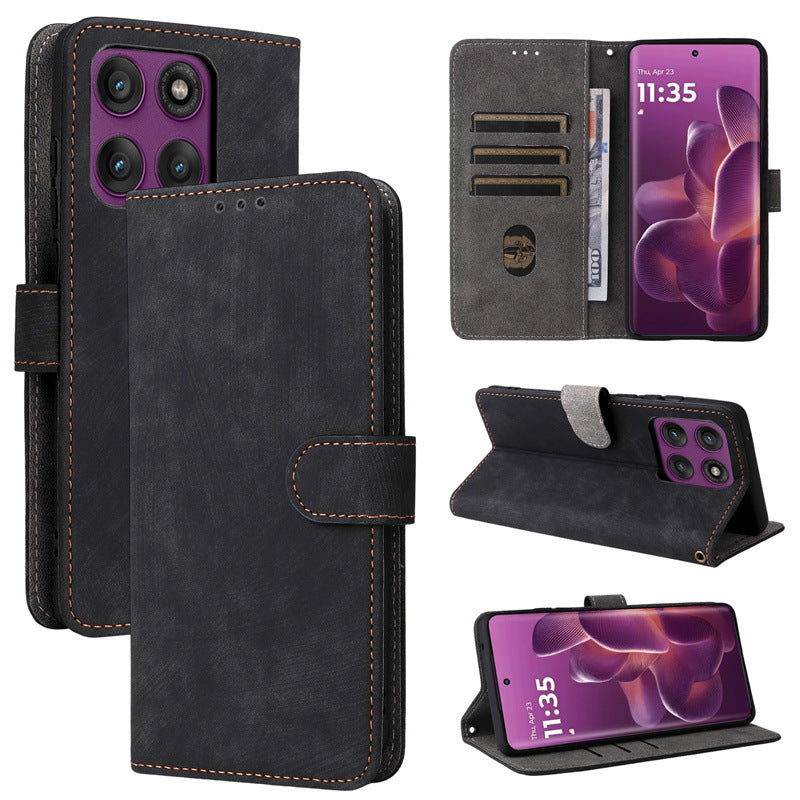 Flip Cover for Motorola Edge 60 Pro PU Leather Phone Case [RFID Blocking] With Hand Strap