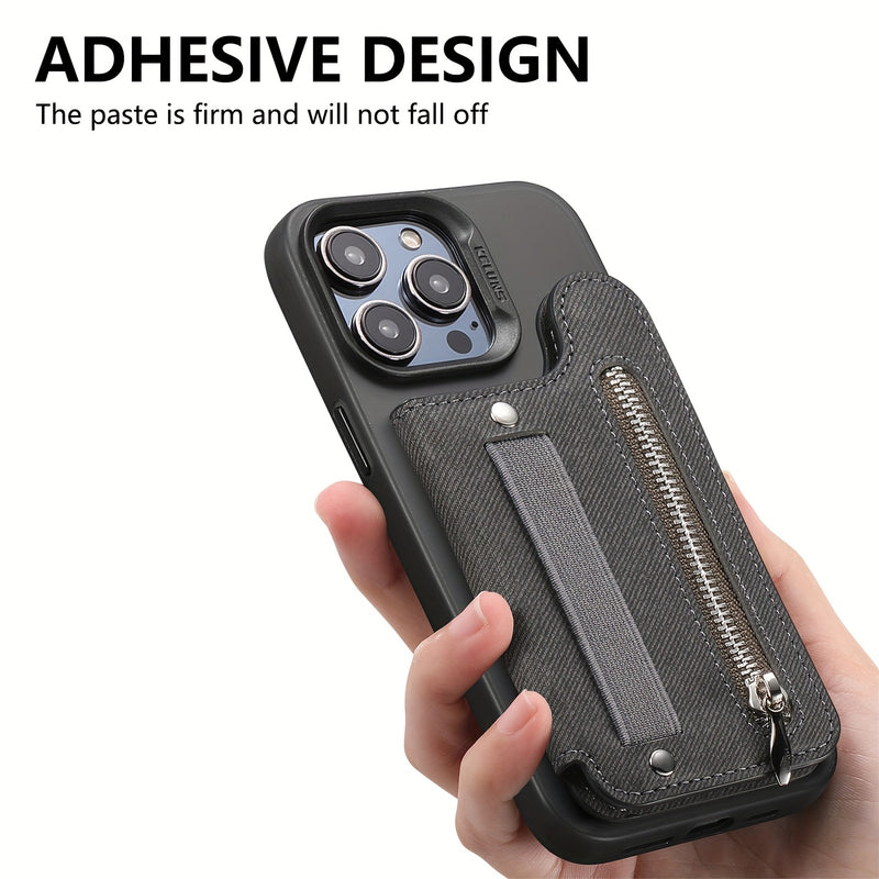 Adhesive Phone Back Card Holder RFID-Blocking Zipper Wallet with Stand