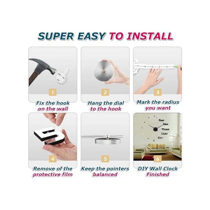 DIY Wall Clock 3D Mirror Stickers Wall Clock -40cm